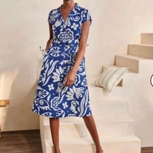 Boden Blue White Floral Cotton Blend Belted Shirt Dress W0692 Womens 14R